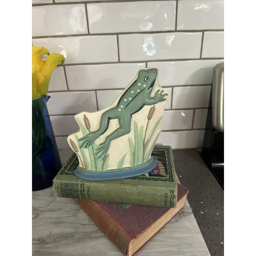 Vintage Cast Iron Door Stop Bookend Leaping Frog in Field Cat Tails LG 7" x 6"